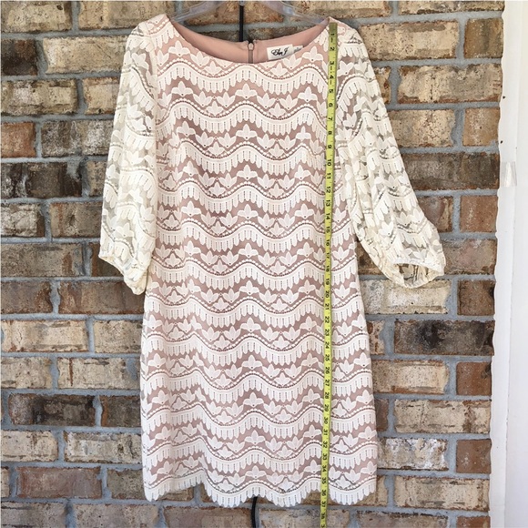 Eliza J Cotton Blend Puff 3/4 Sleeves Ivory Lace Nude Line Back Zipper Dress 10 - Picture 12 of 16